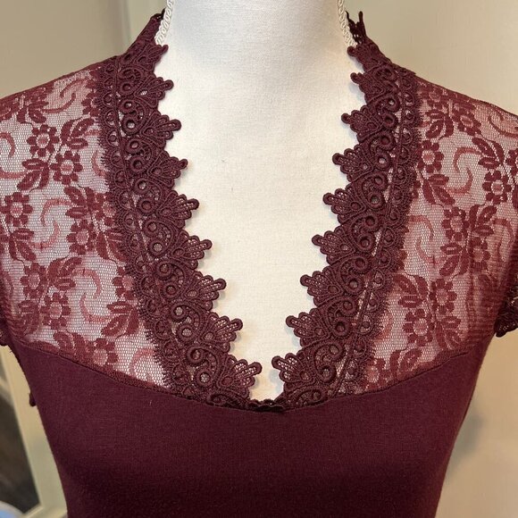 INC International Concepts Maroon Lace Trim Top, Size Large - Picture 3 of 15